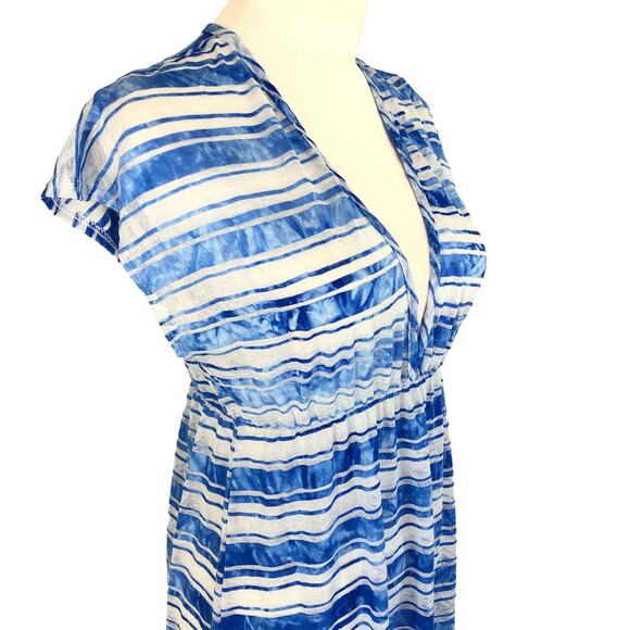 Dream Beach Sheer Maxi Dress Swimsuit Cover Low V Neck Size Medium Blue Vintage - Picture 9 of 11